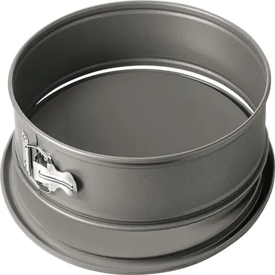 A round springform cake pan with a removable side and a flat bottom.