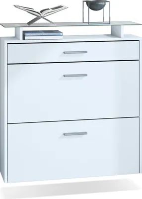 Produktbild von Vladon Schuhschrank Malea, hängender Schuhkipper für 16 Paar Schuhe mit 2 Klappen und 1 Schublade und Glasablage, Weiß matt/Weiß matt (89 x 96 x 23 cm)