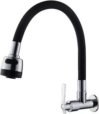 A black flexible kitchen faucet mounted on a white background.