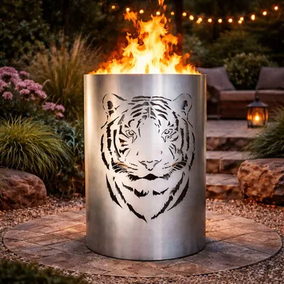 Produktbild von Feuertonne Tiger Motiv aus Stahl – Feuerkorb für Garten & Terrasse – robuste Outdoor Feuerstelle