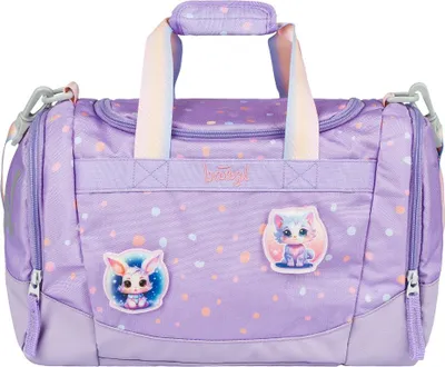 A children's sports bag with a polka dot pattern and cute animal patches.