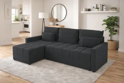 Produktbild von Ecksofa DOMINO L mit Schlaffunktion und Bettkasten, Schlafsofa 226 cm, L-Form Sofa grau, universal montierbar, Webstoff INARI 96