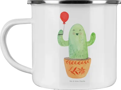 Produktbild von Mr. & Mrs. Panda Emaille Tasse Kaktus Luftballon - Weiß - Geschenk, Haferl, Ausbildung, Freundin, Teetasse, Kakteen, Büro, wandertasse, Pott, Freund, Becher