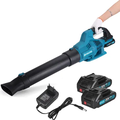 Obrázek produktu pro Akumulátorový foukač listí Drillpro, bezkartáčový, 6 rychlostí, 8000-17000 ot/min, vítr 22-40 m/s, 790 m³/h, lehký a ergonomický, pro zahradu a domácnost, s 2x baterií