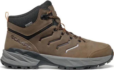 RS Pro Y WP Kinder Wanderschuhe von Scarpa in Braun mit grauen Akzenten und Schnürung.
