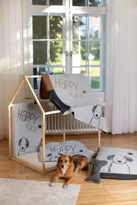 A dog is lying on a rug in front of a wooden dog house, surrounded by dog accessories.