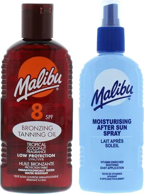 Productafbeelding van Malibu bruiningsolie SPF8 200 ml + aftersun lotion spray 200 ml Bruiningsset