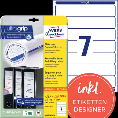 Produktbild von Avery Zweckform L4760REV-20 Ordner-Etiketten, ablösbar, A4 mit ultragrip, 38 x 192 mm, 30 Bogen/210 Etiketten, weiß