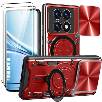Image de Coque + 2 Verres Trempés pour Xiaomi Redmi Note 15 5G/4G, Antichoc avec Support - Rouge