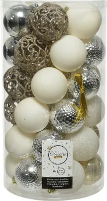 Produktbild von Weihnachtskugeln Kunststoff Ornamente 6cm 37er Set -  Creme / Silber
