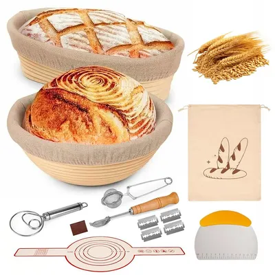 Produktbild von Sauerteig-Gärset, komplettes Brot-Backzubehör, inkl. runde und ovale Silikon-Gärkörbe, Teigschaber, Brotschneider, Pinsel,ideal für Profis