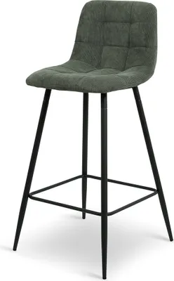 A green bar stool with black legs against a white background.