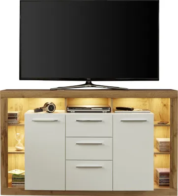 Obrázok produktu pre trendteam Wohnen príborník Rock Wotan dub NB + biely melamín/biely vysoký lesk 150 x 90 x 40 cm