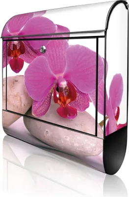 Zdjęcie produktu dla banjado Design Skrzynka pocztowa stalowa czarna z przegródką na gazety, malowana proszkowo „Orchidea” 38 x 46 x 12,5 cm i 2 klucze – skrzynka pocztowa A4 z otworem na listy, wraz z materiałami montażowymi [BK 10086]