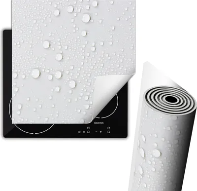 Image de Plaque de recouvrement pour cuisinière 60x52 cm Couverture de plaque vitrocéramique Tapis antidérapant Enroulable, Blanc Gouttes