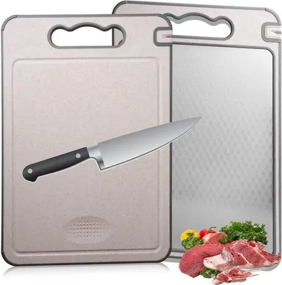Imagen del producto de Tabla de cortar de titanio Ibenzoa® de 31 x 45 cm, de doble cara, con superficie de acero inoxidable 304, esquinas antideslizantes de PP/TPR, ideal para carne y verduras