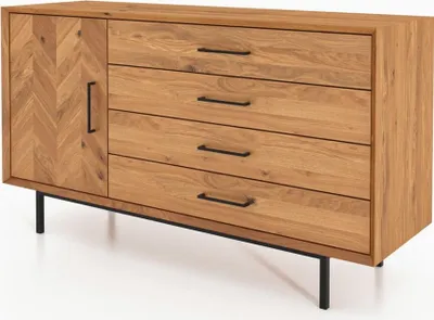 Produktbild von Kommode Seiba Wildeiche massiv 144x45x80 mit 1 Tür 4 Schubladen Fischgrätmuster