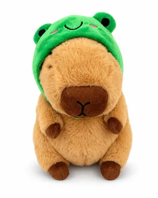 Produktbild von Capybara Kuscheltier 23 cm mit Frosch-Mütze Niedliches Plüsch Capybara Braun Grün Weiches Stofftier Deko Geschenk & Sammler, KI-generiertes Bild