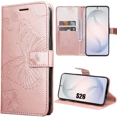 Image de Coque pour Samsung Galaxy S26, Protection Rabat Antichoc Anti-Rayures Effet Cuir Rose avec Motif Papillon