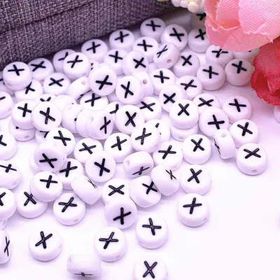 Image de Perles pour lettres, 30 pièces, 4x7 mm, blanc avec noir, rond, lettre X