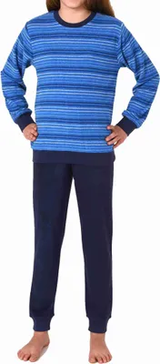 Produktbild von Kuscheliger Mädchen langarm Frottee Schlafanzug Pyjama mit Bündchen in Streifenoptik ; blau , 128