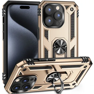 Obrázek produktu pro Pouzdro pro iPhone 15 Pro dvouvrstvé robustní, vojenská ochrana pouzdro s držákem prstenu a stojánkem Zlato