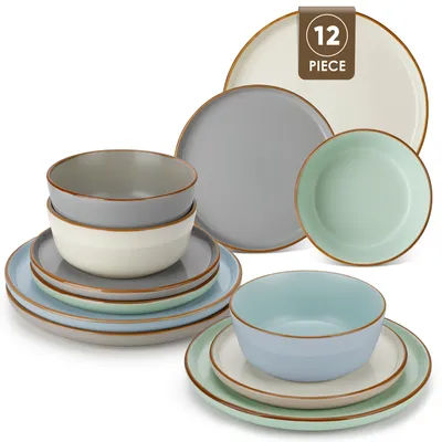 12-tlg Geschirrset in Beige, Blau, Grün, Grau mit brauner Randlinie