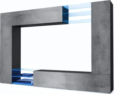 Produktbild von Vladon Wohnwand Mirage,  Germany, Anbauwand mit Rückwand mit 2 Türen, 2 Klappen und 6 offenen Glasablagen, Schwarz matt/Beton Dunkel Optik, inkl. LED-Beleuchtung (262 x 183 x 39 cm)