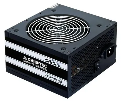 A black computer power supply unit (PSU) with white accents and branding.