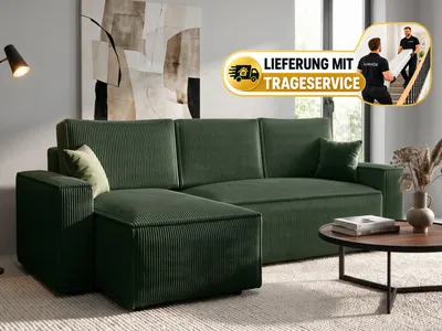 Produktbild von Ecksofa, Ecksofa mit Schlaffunktion, Eckcouch mit Bettkasten links-rechts CORD Stoff (Grün) - AMRO