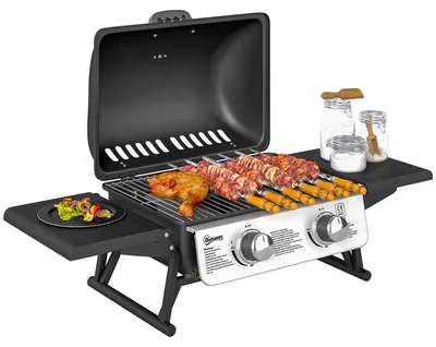 Produktbild von Gasgrill Tischgasgrill 2-Brenner 5.6kW Edelstahl-Brenner 1800cm² Grillfläche Tragbarer Campinggrill mit Thermometer Klappbare Seitenablagen Schwarz