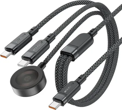 Zdjęcie produktu dla 3w1 Kabel przewód USB-C - 2x USB-C / ładowarka Apple Watch Qi 480Mb/s 100W 1.2m - czarny