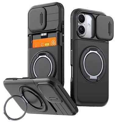 Obrázek produktu pro Pouzdro pro iPhone 17/iPhone 16 Pro, Přihrádkou na karty, posuvným krytem fotoaparátu, kroužkovým stojánkem Černá