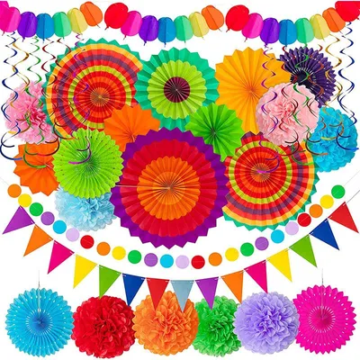 Produktbild von Partydekoration - 33-teiliges Set - Wimpelkette, Girlande und Papierfächer - Bunte Geburtstagsdeko - Für Hochzeit, Geburtstag, Gartenparty, Karneval