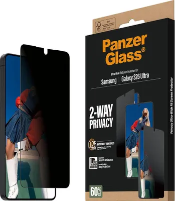 Obrázek produktu pro PanzerGlass ® 2-Way Privacy Screen Protector Samsung Galaxy S26 Ultra | Ultra-Wide Fit w. EasyAligner, Samsung, Samsung - Galaxy S26 Ultra, Aplikace nasucho, Odolné proti poškrábání, Odolný proti nárazům, Průhledná, 1 kusů