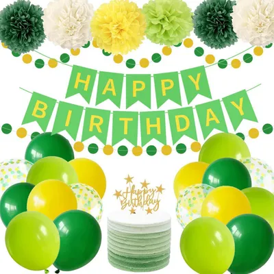 Produktbild von Geburtstagsdeko Set Grün Gelb: HAPPY BIRTHDAY Banner, Seidenpapier Pompoms, Girlande, Konfetti