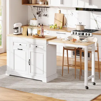 Immagine prodotto di Isola da cucina MODFU con ruote, carrello da cucina con piano di lavoro estendibile (112-180 cm), carrello di servizio con spazio contenitivo, cassetti, ripiano per spezie e armadietto regolabile, colore bianco