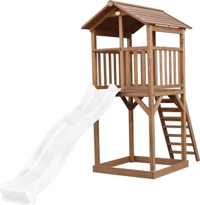 Produktbild von AXI Beach Tower Spielturm aus Holz in Braun | Spielhaus für Kinder mit weißer Rutsche und Sandkasten | Stelzenhaus für den Garten
