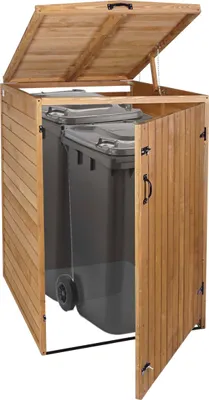 A wooden bin enclosure for two trash cans, with one door open.