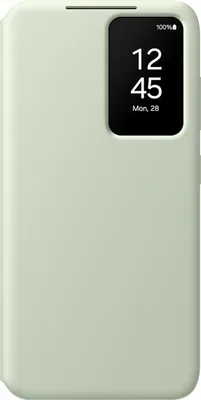 A light green Samsung S View cover for a Galaxy S24 phone is shown from the front.