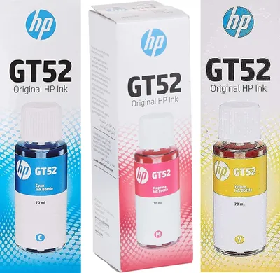 Three HP ink bottles (cyan, magenta, yellow) and their packaging are displayed side-by-side.
