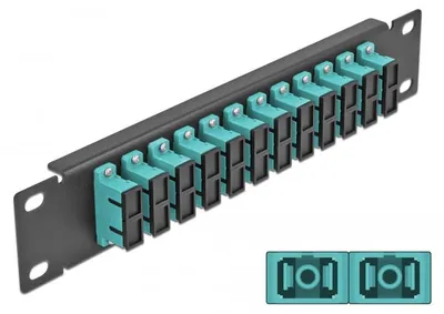 Produktbild von DeLOCK 10″ LWL Patchpanel 12 Port SC Duplex aqua 1 HE schwarz, Faser, SC, Aqua-Farbe, Schwarz, Metall, Rackeinbau, 1U