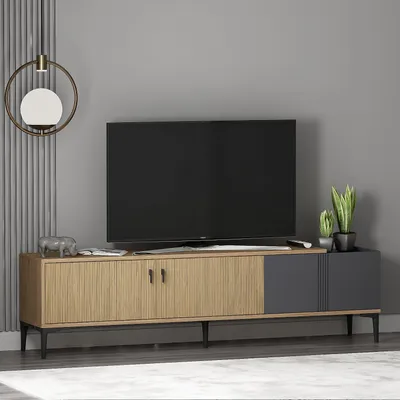 Immagine prodotto di HOMIDEA Modena: Mobile TV da 180 cm - Mobile TV con ante e spazio contenitivo - Mobile TV in stile scandinavo per il soggiorno - Rovere chiaro/antracite