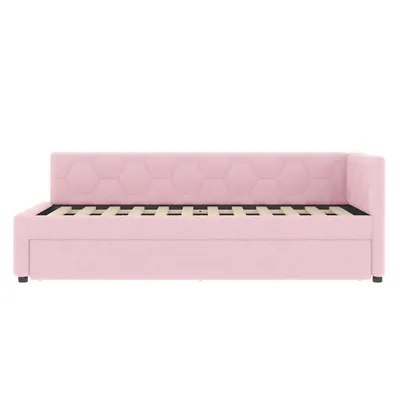 Produktbild von Flieks Tagesbett Daybed 90x200cm mit Ausziehbett, Polsterbett mit USB & Typ-C, Kinderbett Jugendbett mit Lattenrost, Einzelbett Samt, Rosa