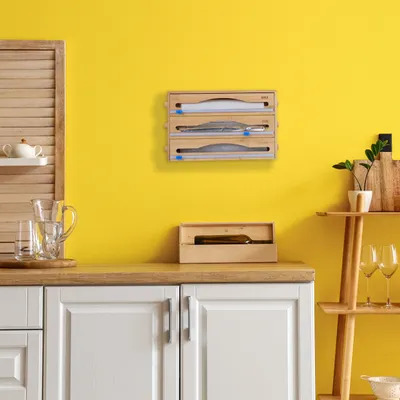 Produktbild von Relaxdays Folienspender 3 in 1, für Wand & Schublade, HxBxT: 23,5 x 39 x 9 cm, Bambus, Folienschneider Küche, natur