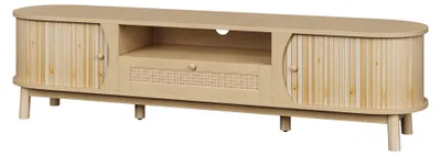 Image de Meuble TV effet bois claire oval, tiroirs en rotin et 2 portes coulissantes 165x37x46cm