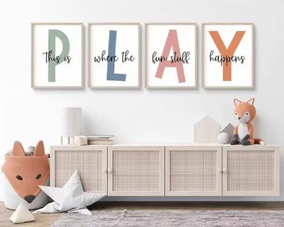 Productafbeelding van Wanddecoratie voor Kinderen, Canvas Prints Set van 4, 20x25 cm, Muurdecoratie Jongenskamer, Baby- en Peuterkamer, Let's Play Bord, Hoogw