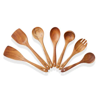 Productafbeelding van Bikolo® Houten Keukengerei Set 7-Delig - Houten Spatel - Soeplepel - Opscheplepel - Schuimspaan - Pollepel - Spatelset - Kookgerei Set