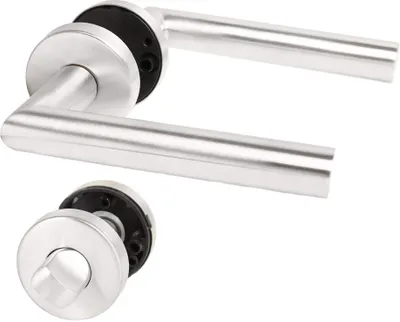 Two door handles and a lock mechanism are shown against a white background.