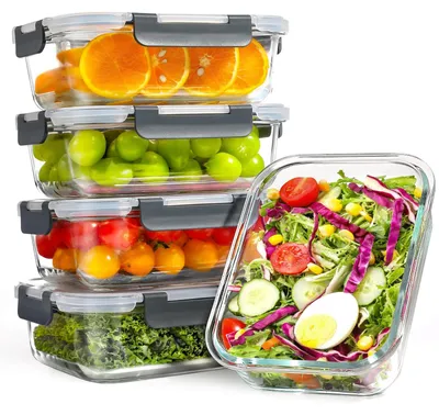 Productafbeelding van YASHE set van 5 glazen containers met deksel, 1040 ml, stapelbaar en luchtdicht, geschikt voor maaltijdvoorbereiding
